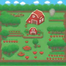 A charming pixel art scene of a farm with tomatoes, strawberries, orange trees, and apple trees planted