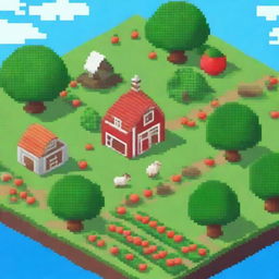 A charming pixel art scene of a farm with tomatoes, strawberries, orange trees, and apple trees planted