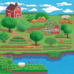 A charming pixel art scene of a farm with a variety of crops including tomatoes, strawberries, orange trees, and apple trees