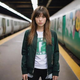 casual photograpy medium body, f1 style jacket, sneakers, female , 23 year old with green eyes and black long hai with withe streaks in the bangs .,freckles, selfie, graffiti background subway, medium distance shot, 4k hd,  --styerw--v 5.2 ar 2-3