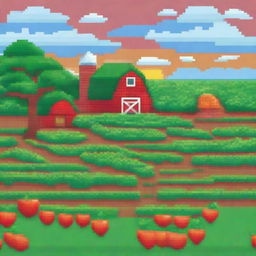 A charming pixel art scene of a farm with a variety of crops including tomatoes, strawberries, orange trees, and apple trees