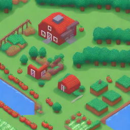 A charming pixel art scene of a farm with a variety of crops including tomatoes, strawberries, orange trees, and apple trees