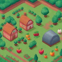 A charming pixel art scene of a farm with a variety of crops including tomatoes, strawberries, orange trees, and apple trees