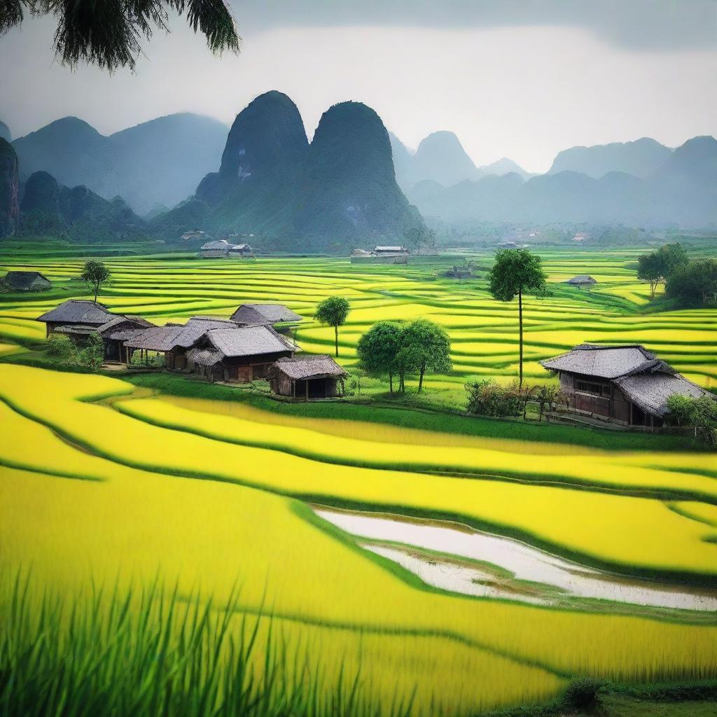 Create an image of the Vietnamese countryside featuring a small village surrounded by vast rice fields