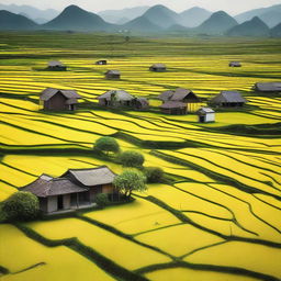 Create an image of the Vietnamese countryside featuring a small village surrounded by vast rice fields