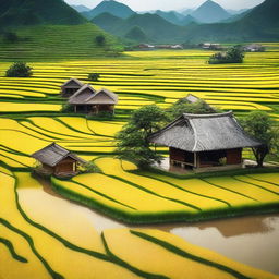 Create an image of the Vietnamese countryside featuring a small village surrounded by vast rice fields