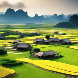 Create an image of the Vietnamese countryside featuring a small village surrounded by vast rice fields