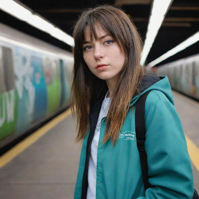 casual photograpy medium body, f1 style blue jacket, sneakers, female , 23 year old with green eyes and black long hai with withe streaks in the bangs .,freckles, selfie, graffiti background subway, medium distance shot, 4k hd,  --styerw--v 5.2 ar 2-3