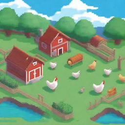 A charming pixel art scene of a farm featuring a chicken coop and cows