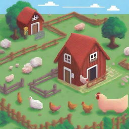 A charming pixel art scene of a farm featuring a chicken coop and cows