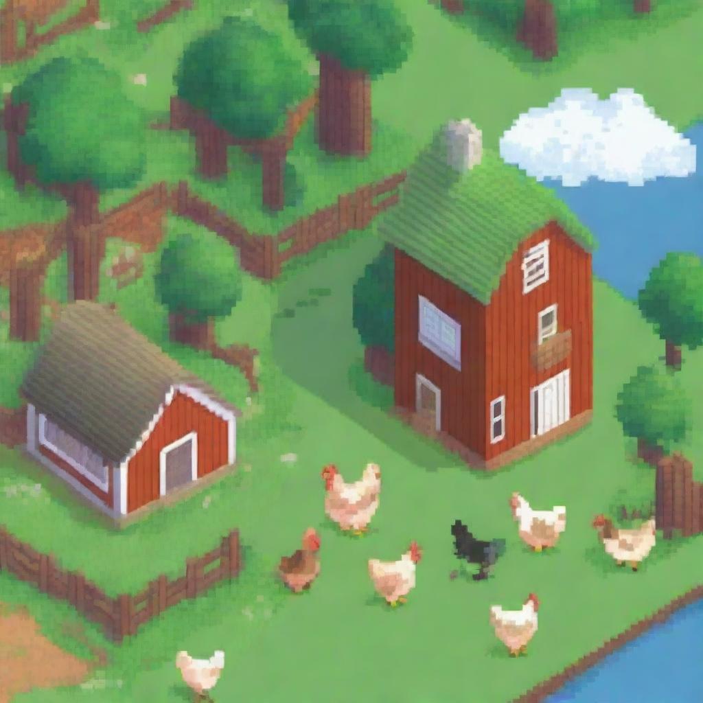 A charming pixel art scene of a farm featuring a chicken coop and cows