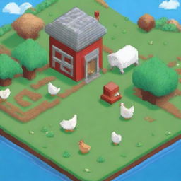 A charming pixel art scene of a farm featuring a chicken coop and cows