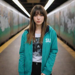 casual photograpy medium body, f1 style blue jacket, sneakers, female , 23 year old with green eyes and black long hai with withe streaks in the bangs .,freckles, selfie, graffiti background subway, medium distance shot, 4k hd,  --styerw--v 5.2 ar 2-3