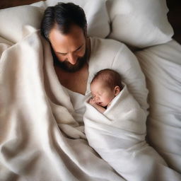 A father wrapped in thin, smooth, white linen blankets with his one-year-old baby son, viewed from a high angle