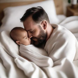 A father wrapped in thin, smooth, white linen blankets with his one-year-old baby son, viewed from a high angle