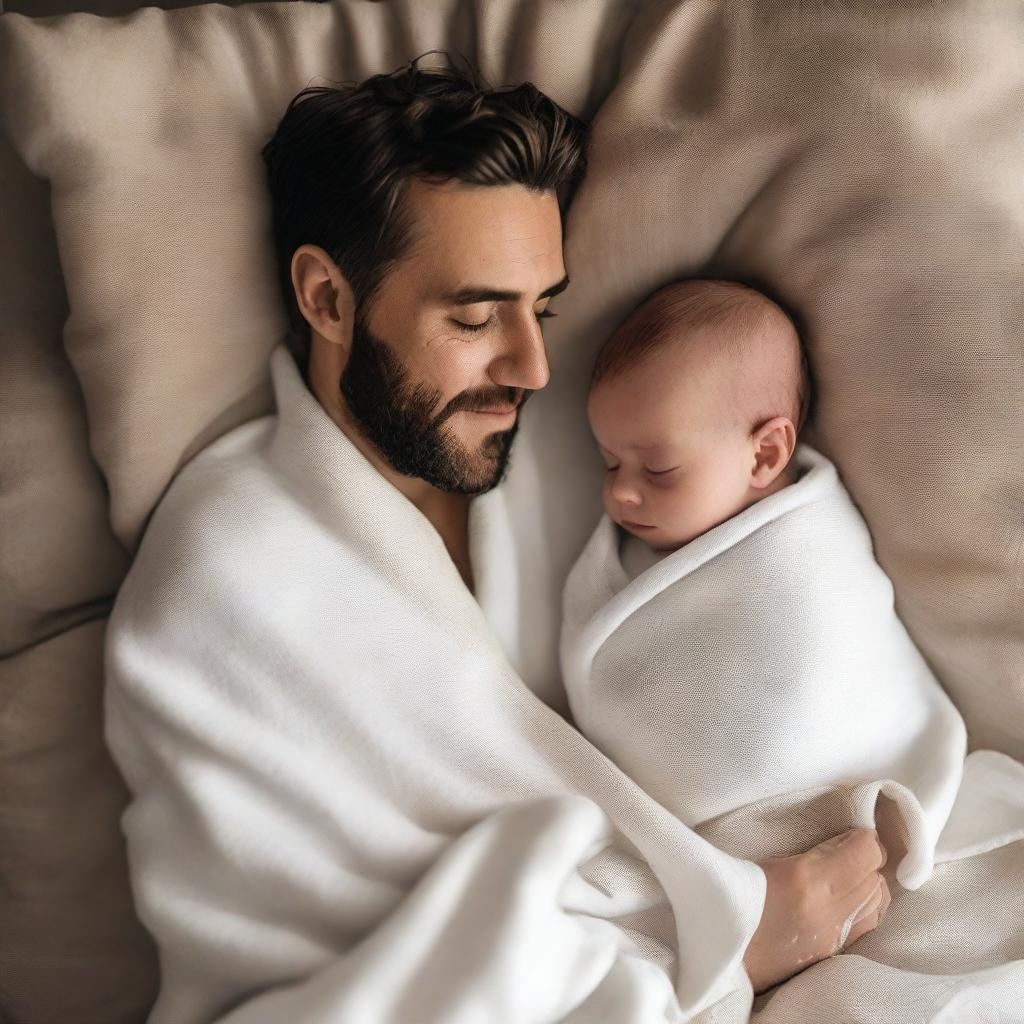 A father wrapped in thin, smooth, white linen blankets with his one-year-old baby son, viewed from a high angle