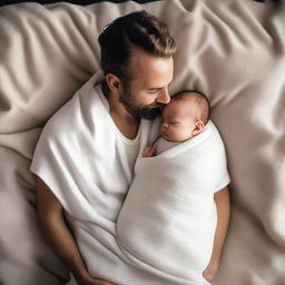 A father wrapped in thin, smooth, white linen blankets with his one-year-old baby son, viewed from a high angle