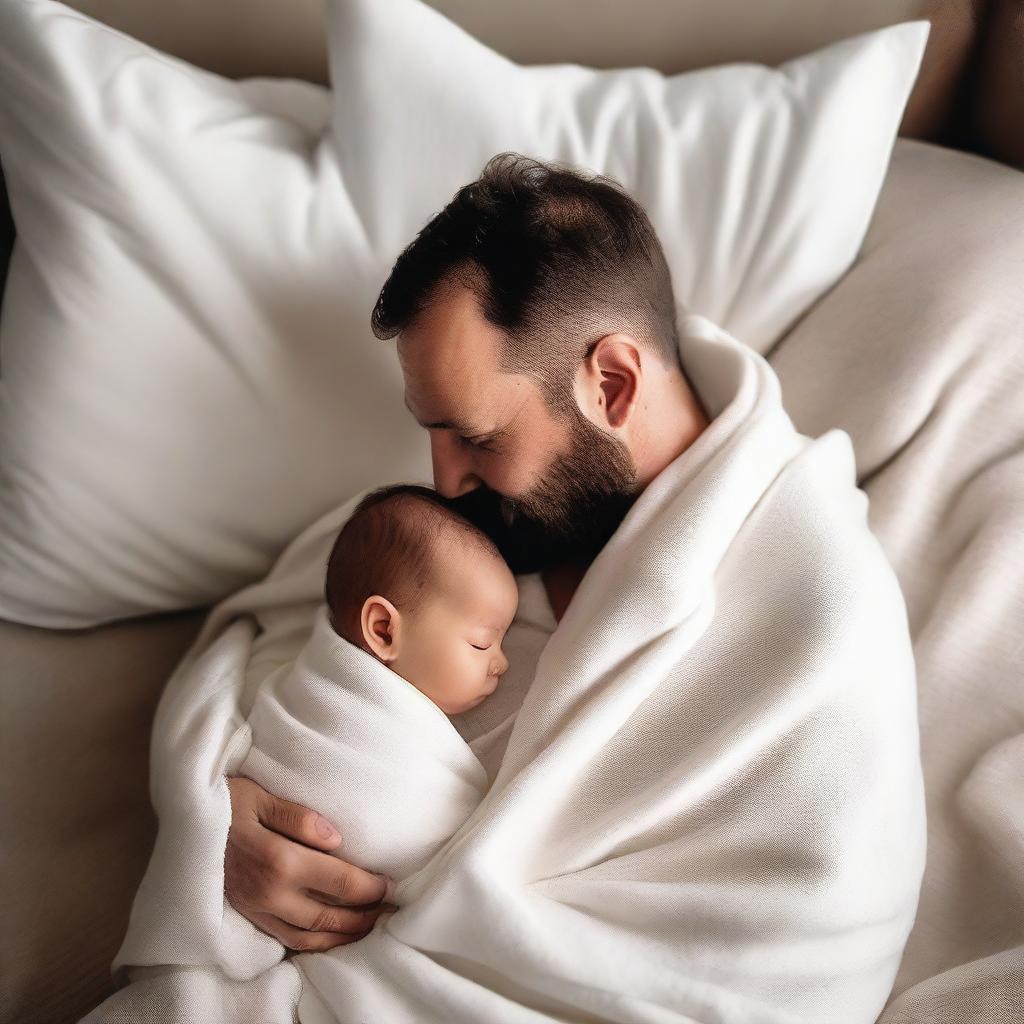 A father wrapped in thin, smooth, white cotton blankets with his one-year-old baby son, viewed from a high angle