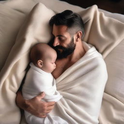 A father wrapped in thin, smooth, white cotton blankets with his one-year-old baby son, viewed from a high angle