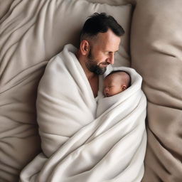 A father wrapped in thin, smooth, white cotton blankets with his one-year-old baby son, viewed from a high angle