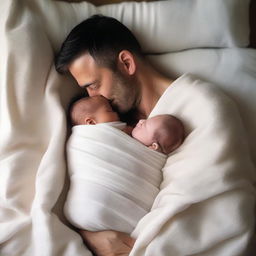 A father wrapped in thin, smooth, white cotton blankets with his one-year-old baby son, viewed from a high angle