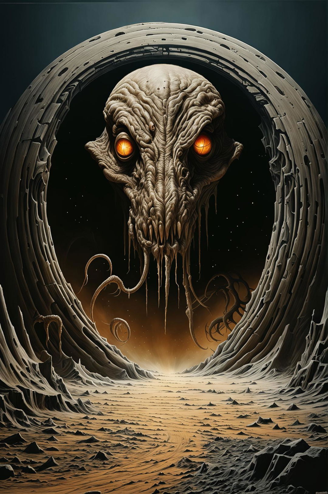 A single, smaller Lovecraftian Hound of Tindalos emerges from a dark portal in a surreal Saharan desert under a bright sun, creating an eerie and malevolent atmosphere with its grotesque, otherworldly appearance and the stark contrast between light and dark