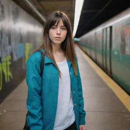 casual photograpy medium body, f1 style blue jacket, sneakers, female , 23 year old with green eyes and black long hai with withe streaks in the bangs .,freckles, selfie, graffiti background subway, medium distance shot, 4k hd,  --styerw--v 5.2 ar 2-3