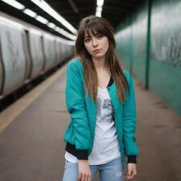 casual photograpy medium body, f1 style blue jacket, sneakers, female , 23 year old with green eyes and black long hai with withe streaks in the bangs .,freckles, selfie, graffiti background subway, medium distance shot, 4k hd,  --styerw--v 5.2 ar 2-3