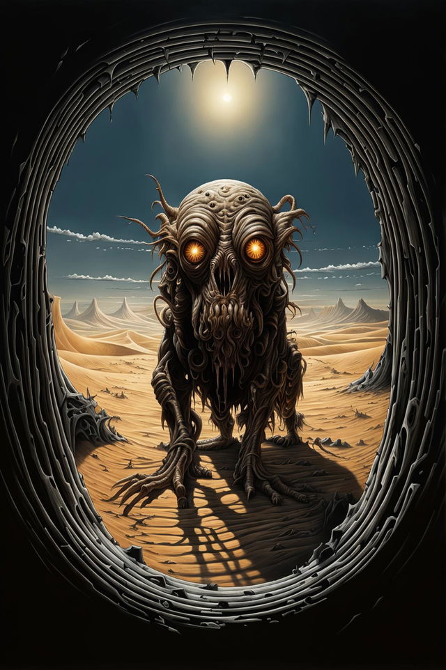 A single, smaller Lovecraftian Hound of Tindalos emerges from a dark, smaller portal near the horizon in a surreal Saharan desert under a bright sun, creating an eerie and malevolent atmosphere with its grotesque, otherworldly appearance and the stark contrast between light and dark