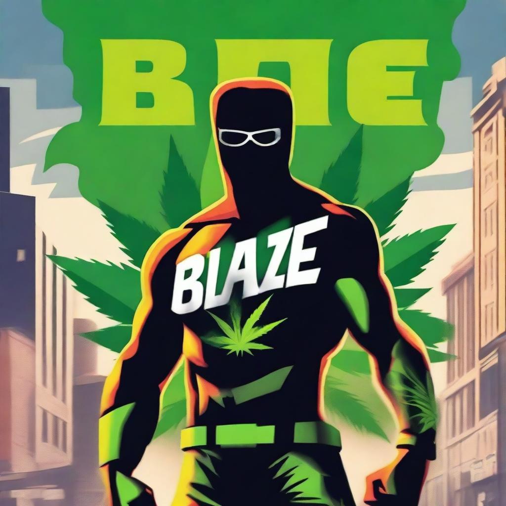 A thrilling action movie poster featuring a superhero named Blaze who smokes weed