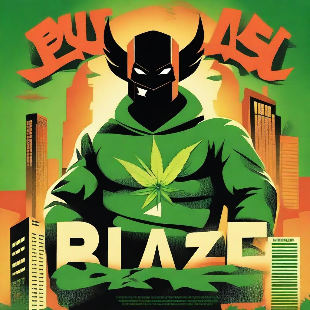 A thrilling action movie poster featuring a superhero named Blaze who smokes weed