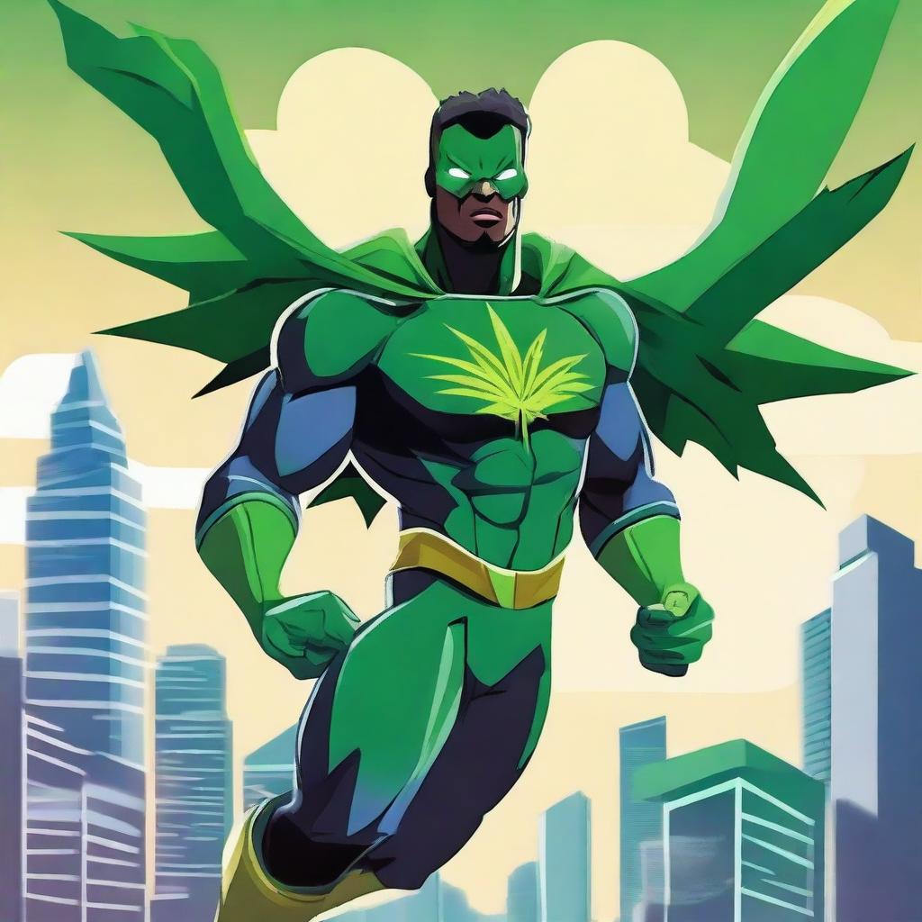 A dynamic and adventurous illustration of a superhero who smokes weed