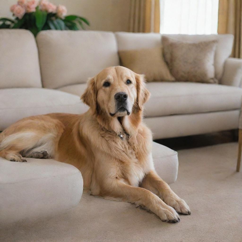 A classy golden retriever dog named Maxwell lounging in an elegant living room.