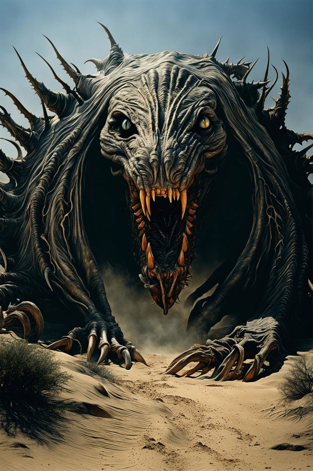 A single, smaller Lovecraftian Hound of Tindalos emerges from the desert sands, with a dark, ominous portal in the background under a bright Saharan sun, creating an eerie and malevolent atmosphere with its grotesque, otherworldly appearance and the stark contrast between light and dark