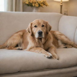 A classy golden retriever dog named Maxwell lounging in an elegant living room.