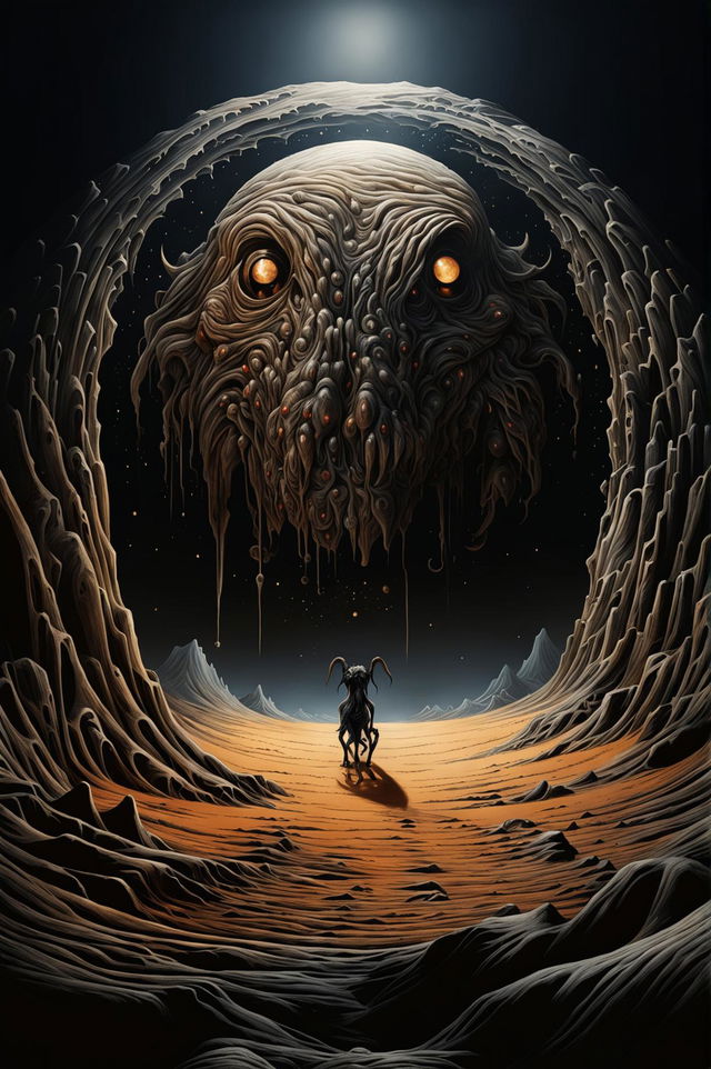 A single, smaller Lovecraftian Hound of Tindalos emerges from a dark, prominent portal near the horizon in a surreal, whimsical Saharan desert under a bright sun, creating an eerie and malevolent atmosphere with its grotesque, otherworldly appearance and the stark contrast between light and dark