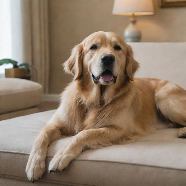 A classy golden retriever dog named Maxwell lounging in an elegant living room.