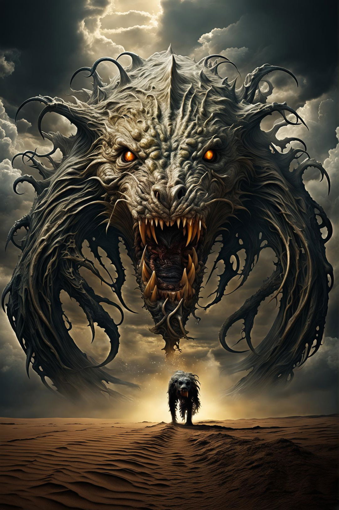 A Lovecraftian monstrosity resembling a dog with tentacles emerges from a dark portal in a desolate desert, under an ominous sky filled with swirling clouds