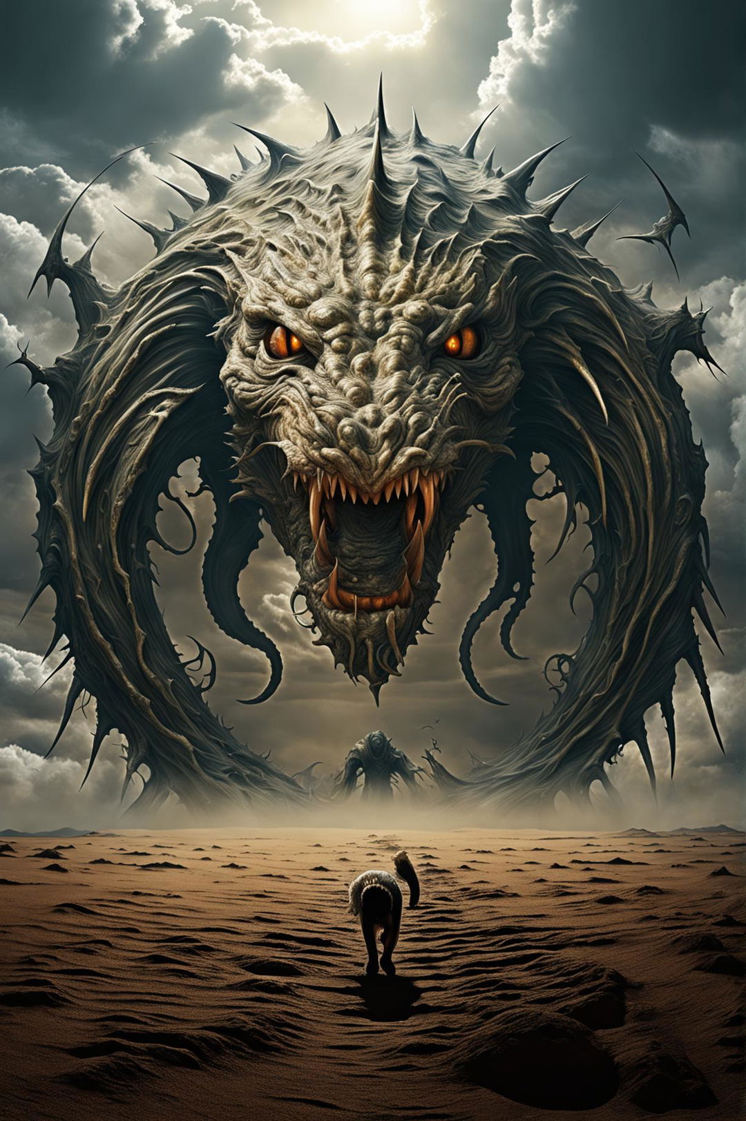 A single Lovecraftian monstrosity resembling a dog with tentacles emerges from a dark portal in a desolate desert, under an ominous sky filled with swirling clouds