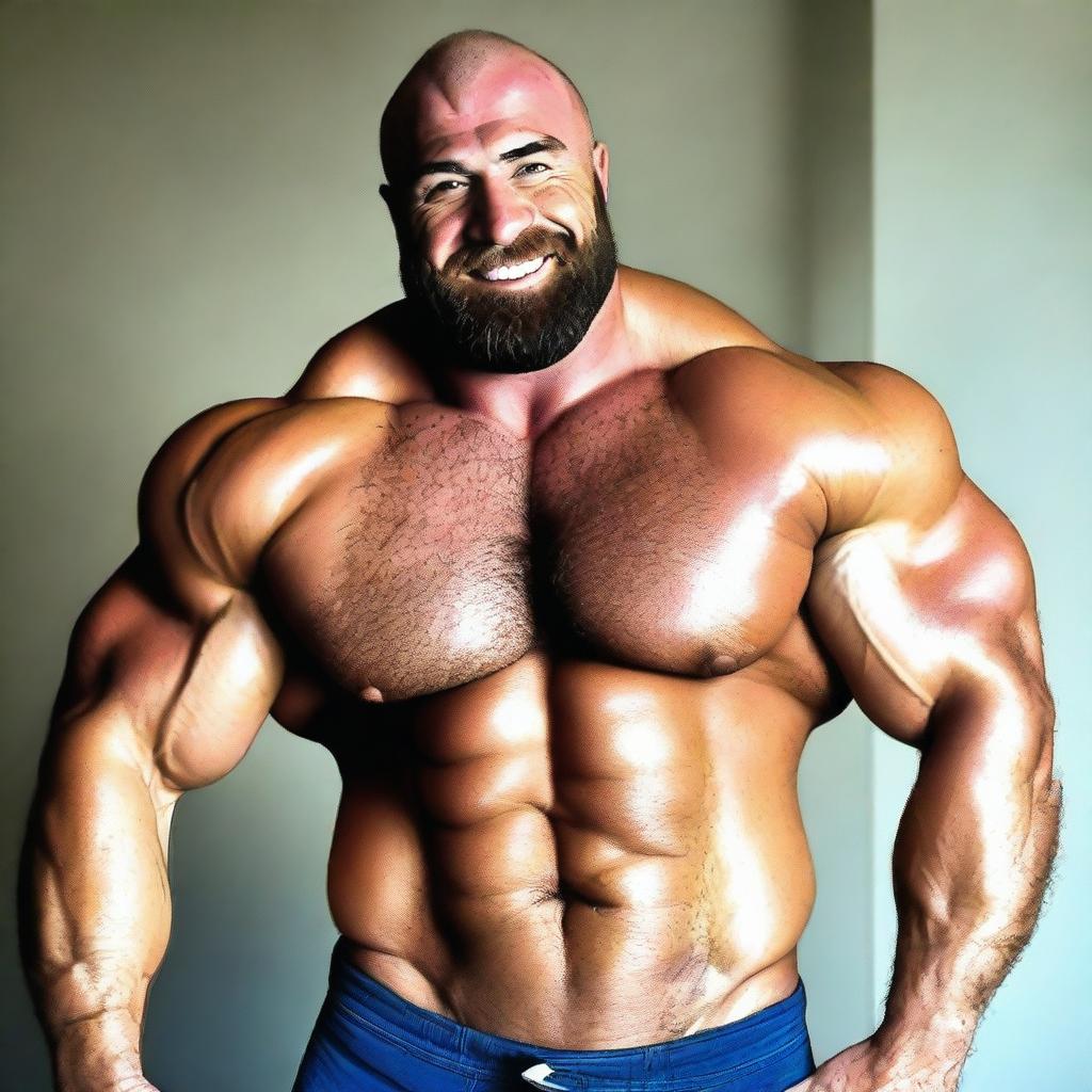 A 28-year-old, massive, male musclebear-bodybuilder with an extremely hairy body