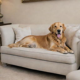 A classy golden retriever dog named Maxwell lounging in an elegant living room.