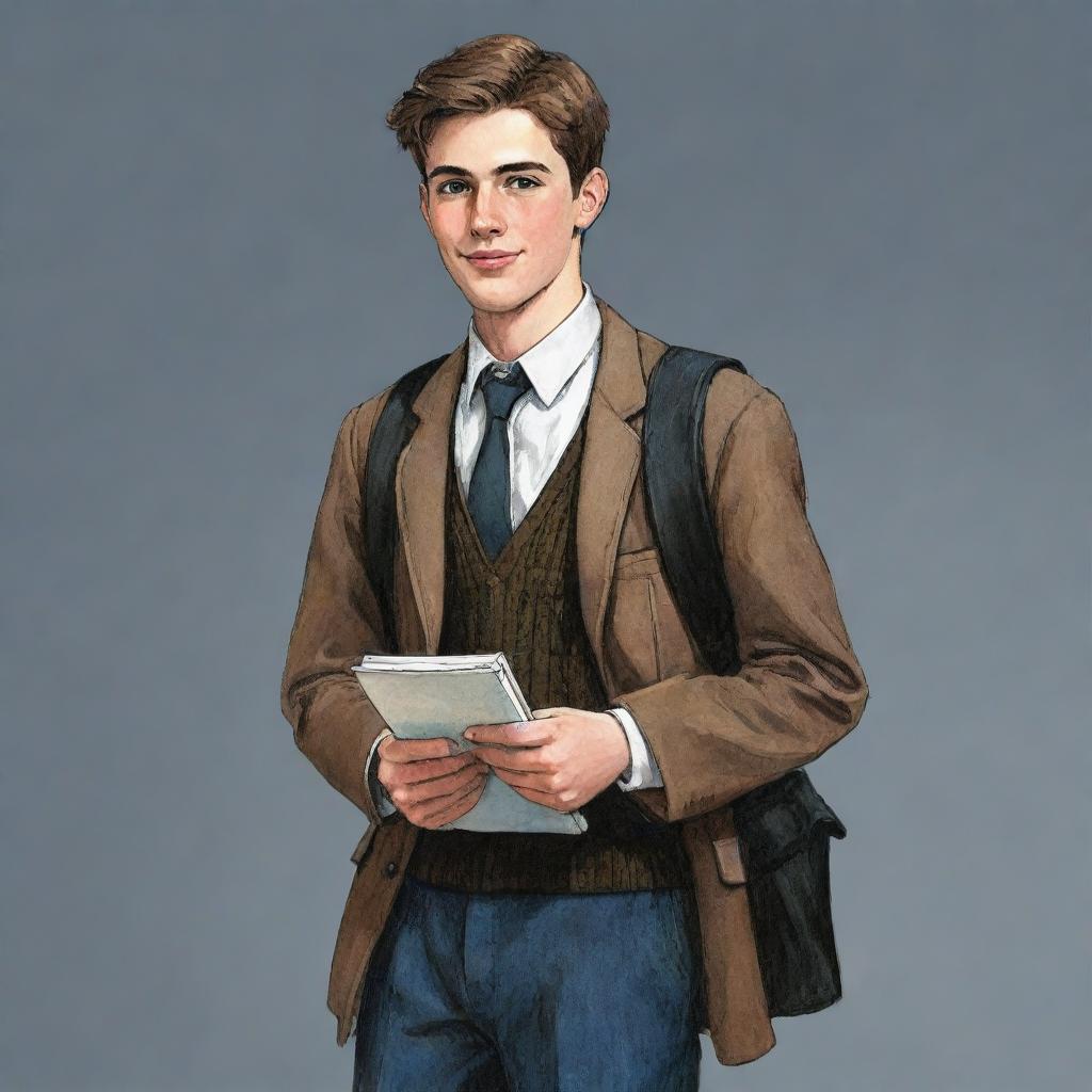 Illustration of a character named Maxwell, from the English literature book 'Midnight Visitor', typically dressed as a 10th grade student.