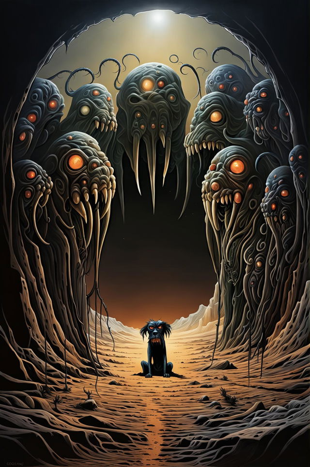 A Lovecraftian dog with multiple heads emerges from a dark, prominent portal near the horizon in a surreal, whimsical Saharan desert under a bright sun, creating an eerie and malevolent atmosphere with its grotesque, otherworldly appearance and the stark contrast between light and dark