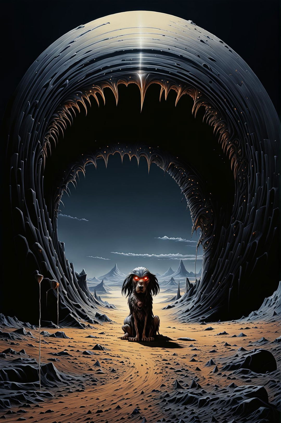 A single, smaller Lovecraftian Hound of Tindalos emerges from a dark, prominent portal near the horizon in a surreal, whimsical Saharan desert under a bright sun, creating an eerie and malevolent atmosphere with its grotesque, otherworldly appearance and the stark contrast between light and dark