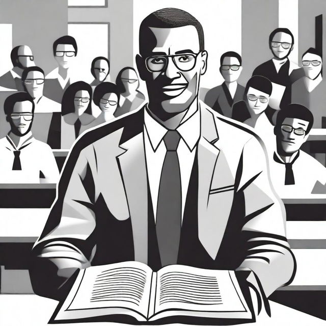 Create a black and white cover featuring illustrations of male teachers