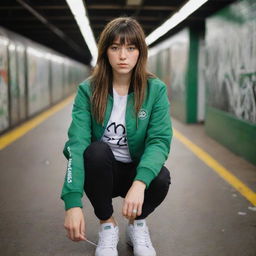 casual photograpy medium body, race team jacket, sneakers, female , 23 year old with green eyes and black long hai with withe streaks in the bangs .,freckles, selfie, graffiti background subway, medium distance shot, 4k hd,  --styerw--v 5.2 ar 2-3