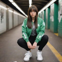 casual photograpy medium body, race team jacket, sneakers, female , 23 year old with green eyes and black long hai with withe streaks in the bangs .,freckles, selfie, graffiti background subway, medium distance shot, 4k hd,  --styerw--v 5.2 ar 2-3