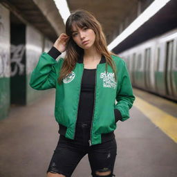 casual photograpy medium body, race team jacket, sneakers, female , 23 year old with green eyes and black long hai with withe streaks in the bangs .,freckles, selfie, graffiti background subway, medium distance shot, 4k hd,  --styerw--v 5.2 ar 2-3