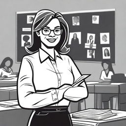 Create a black and white cover featuring illustrations of female teachers