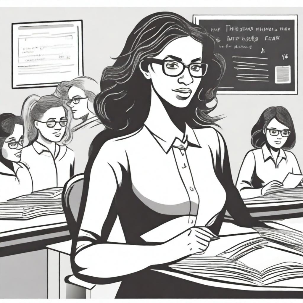 Create a black and white cover featuring illustrations of female teachers